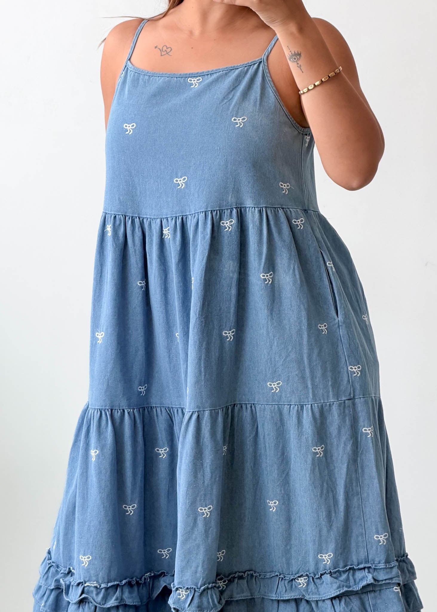 Size M-L Light Blue Embroidered Tiered Dress