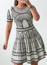 Size S-M White Black Printed Fit & Flare Dress