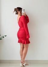 Size M-L Red Ruched Ruffle Mini Dress