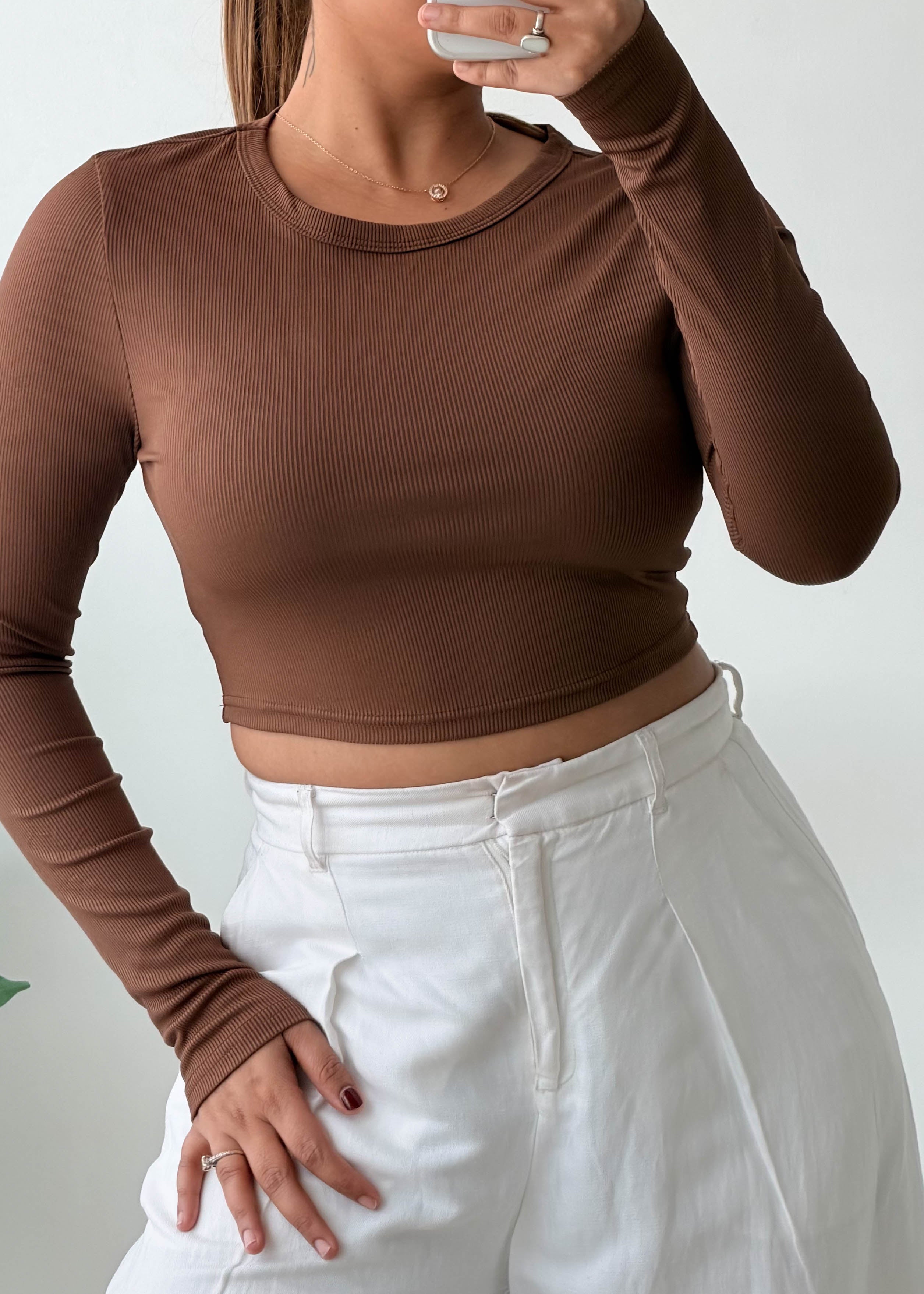 Size S-M Mocha Brown Round Neck Crop Top