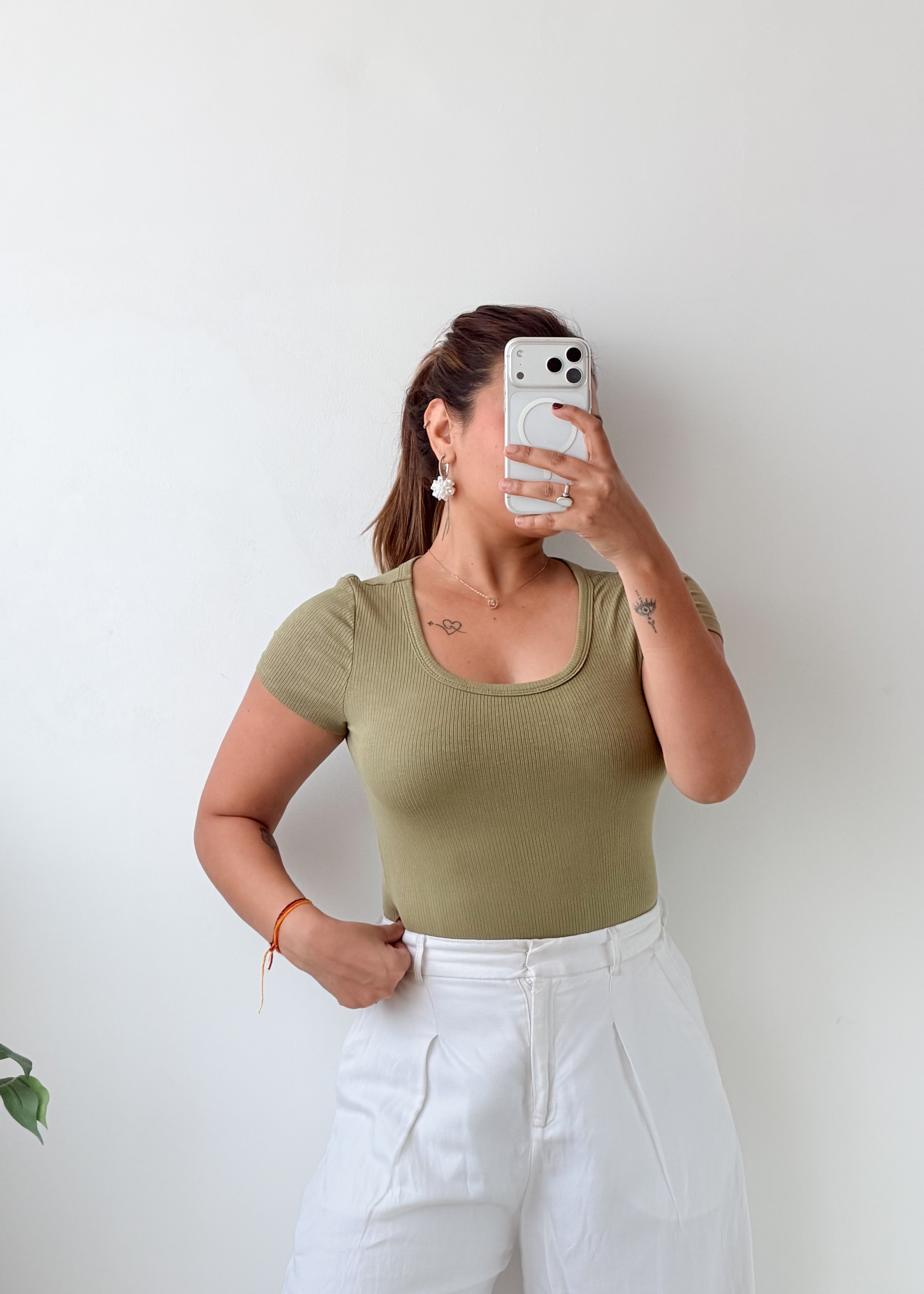 Size S-M Olive Green Scoop Neck Bodysuit