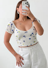 Size XS-S White Blue Floral Crop Top