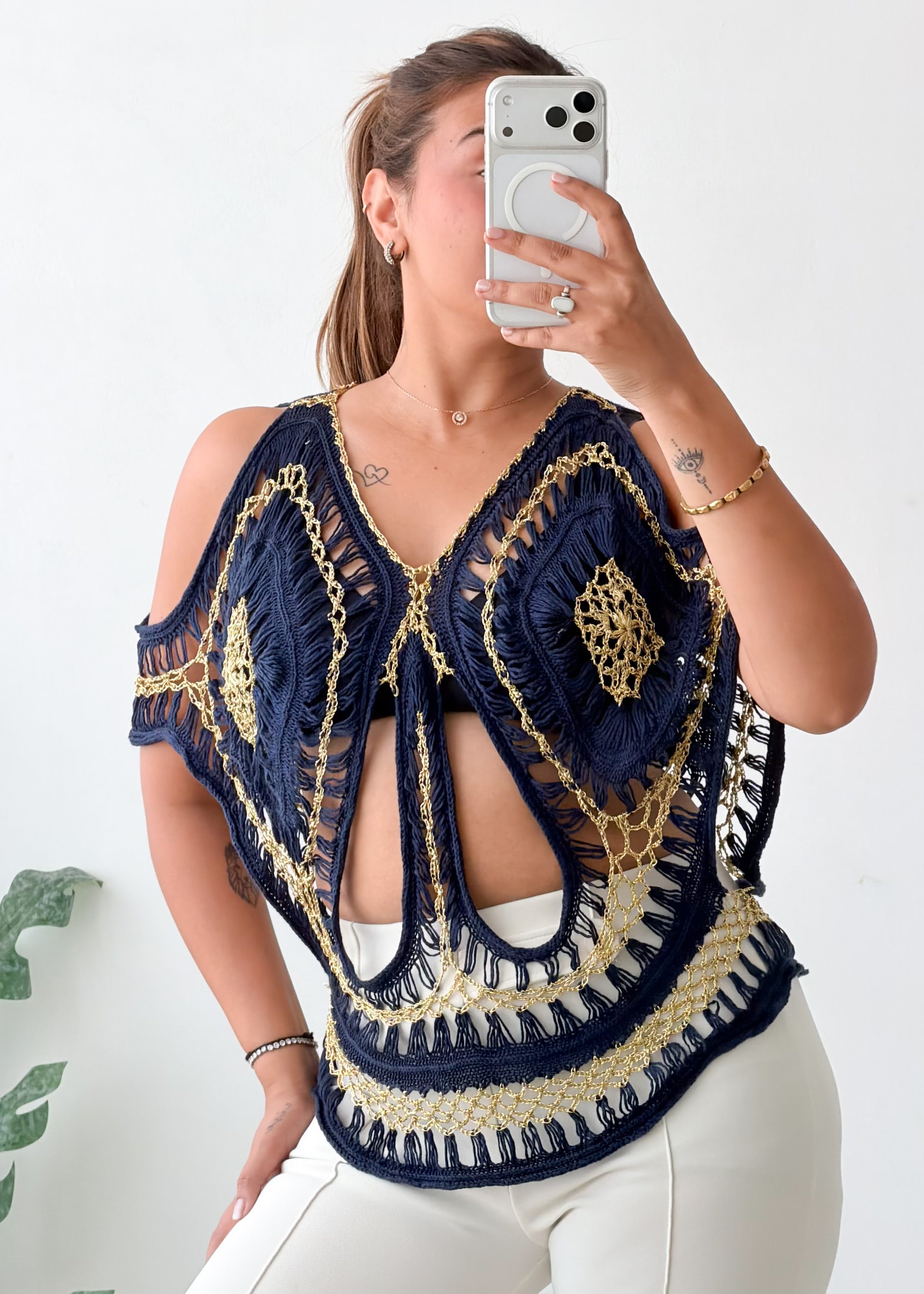 Size XS-M Navy Gold Embellished Crochet Top