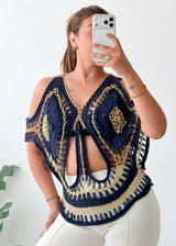 Size XS-M Navy Gold Embellished Crochet Top