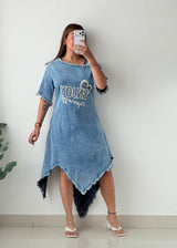 Size L-XL Light Blue Denim Graphic Midi Dress