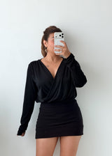 Size L-XL Black Draped V-Neck Bodysuit