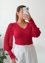 Size S-M Red V-Neck Top with Puff Sleeves