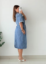 Size S-M Light Blue Denim Shirt Midi Dress