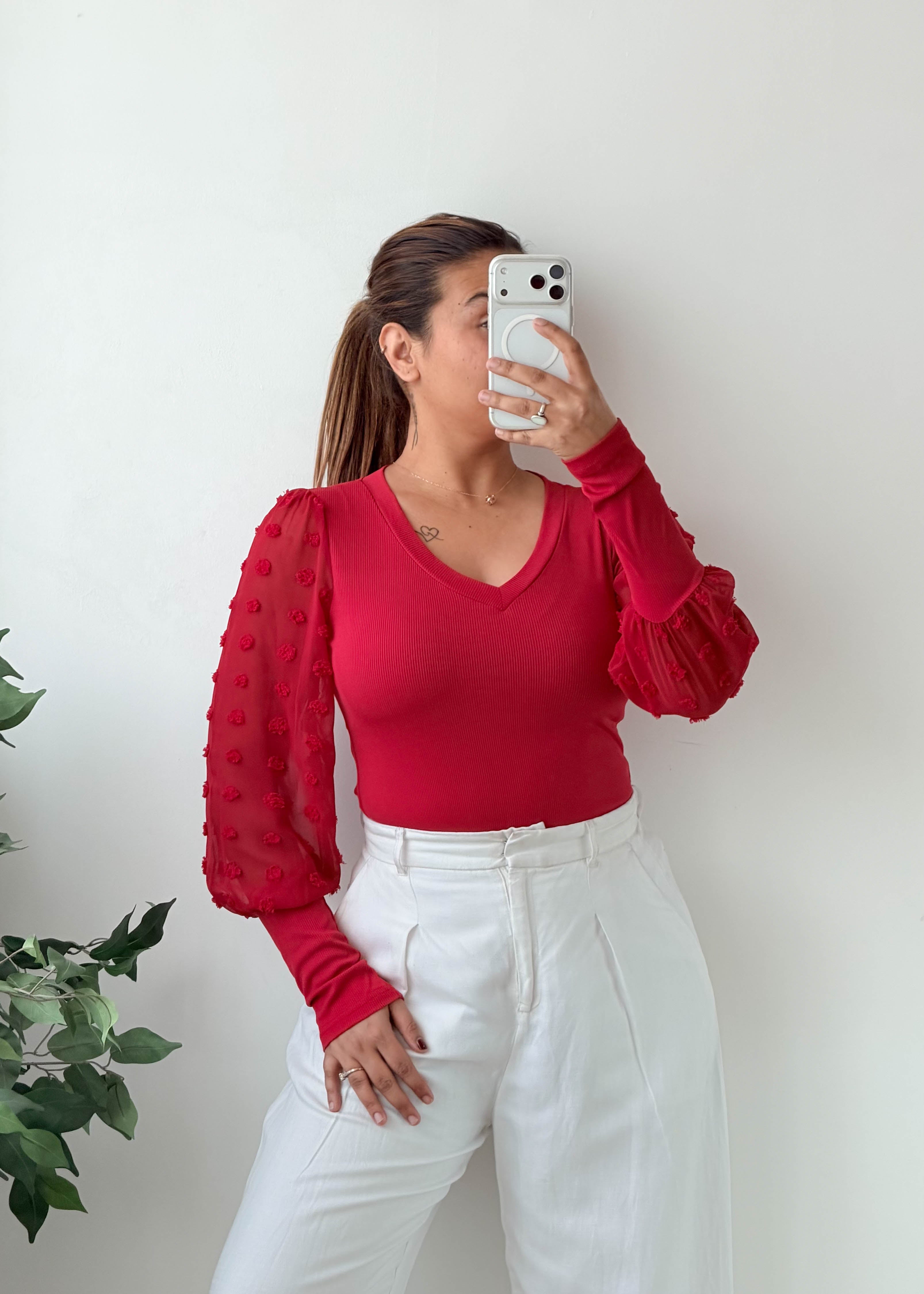 Size S-M Red V-Neck Top with Puff Sleeves