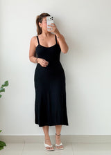 Size XS-M Black Ribbed Flared Midi Dress