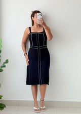 Size S-M Black Contrast Piping Midi Dress