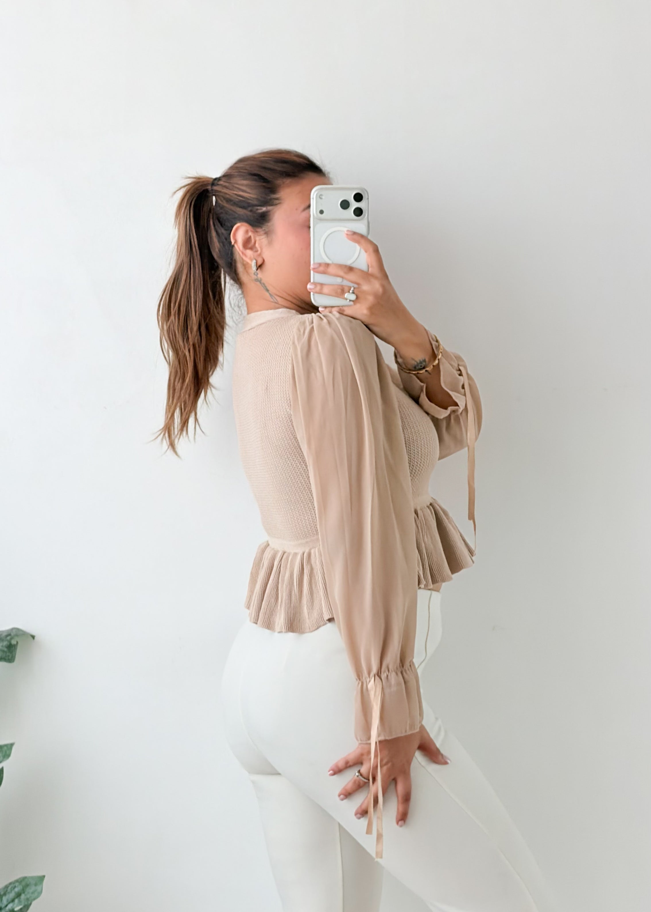 Size XS-S Beige Peplum V-Neck Top