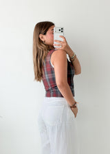 Bust 34, Maroon Plaid Button-Front Vest Top