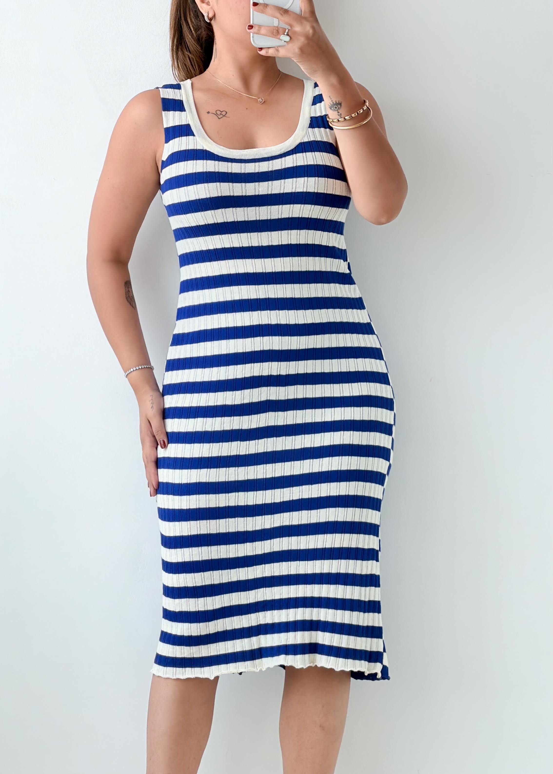 Size M-L Blue White Striped Midi Dress
