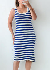 Size M-L Blue White Striped Midi Dress