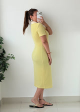 Size S-M Yellow Ribbed Polo Collar Bodycon Midi Dress