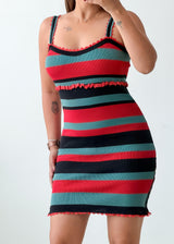 Size S-M Red Teal Striped Mini Dress