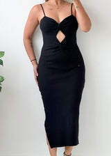 Size XS-M Black Cutout Slit Midi Dress
