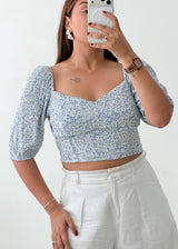Size M Blue Floral Puff Sleeve Crop Top