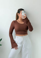 Size S-M Chocolate Brown Scoop Neck Crop Top
