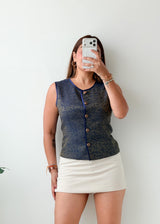 Bust 35, Blue Textured Button-Front Vest Top