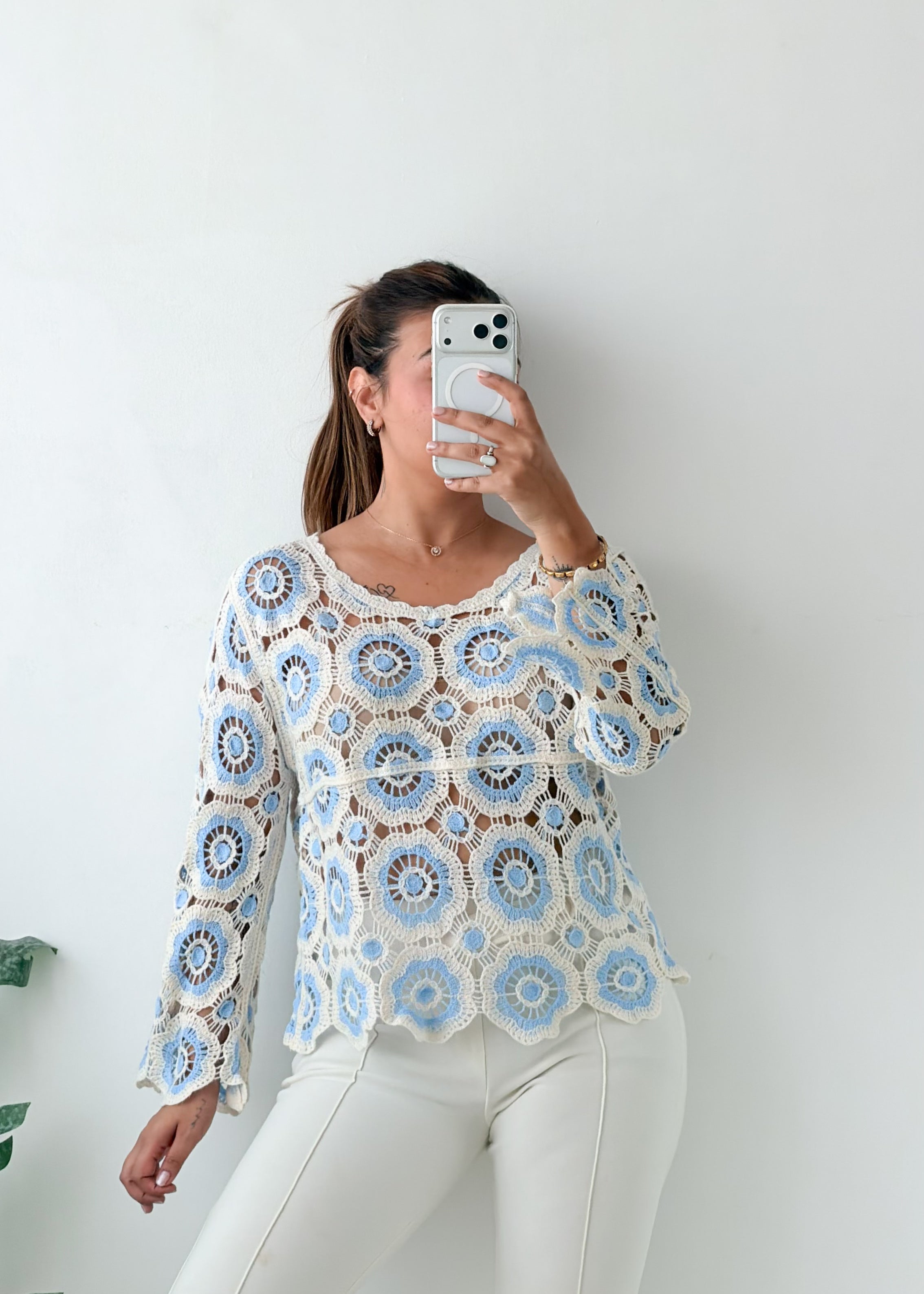 Size M-L White Blue Crochet Top
