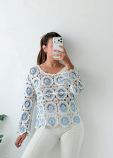 Size M-L White Blue Crochet Top