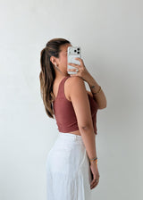 Size S-M Brown Ribbed Button-Front Crop Top