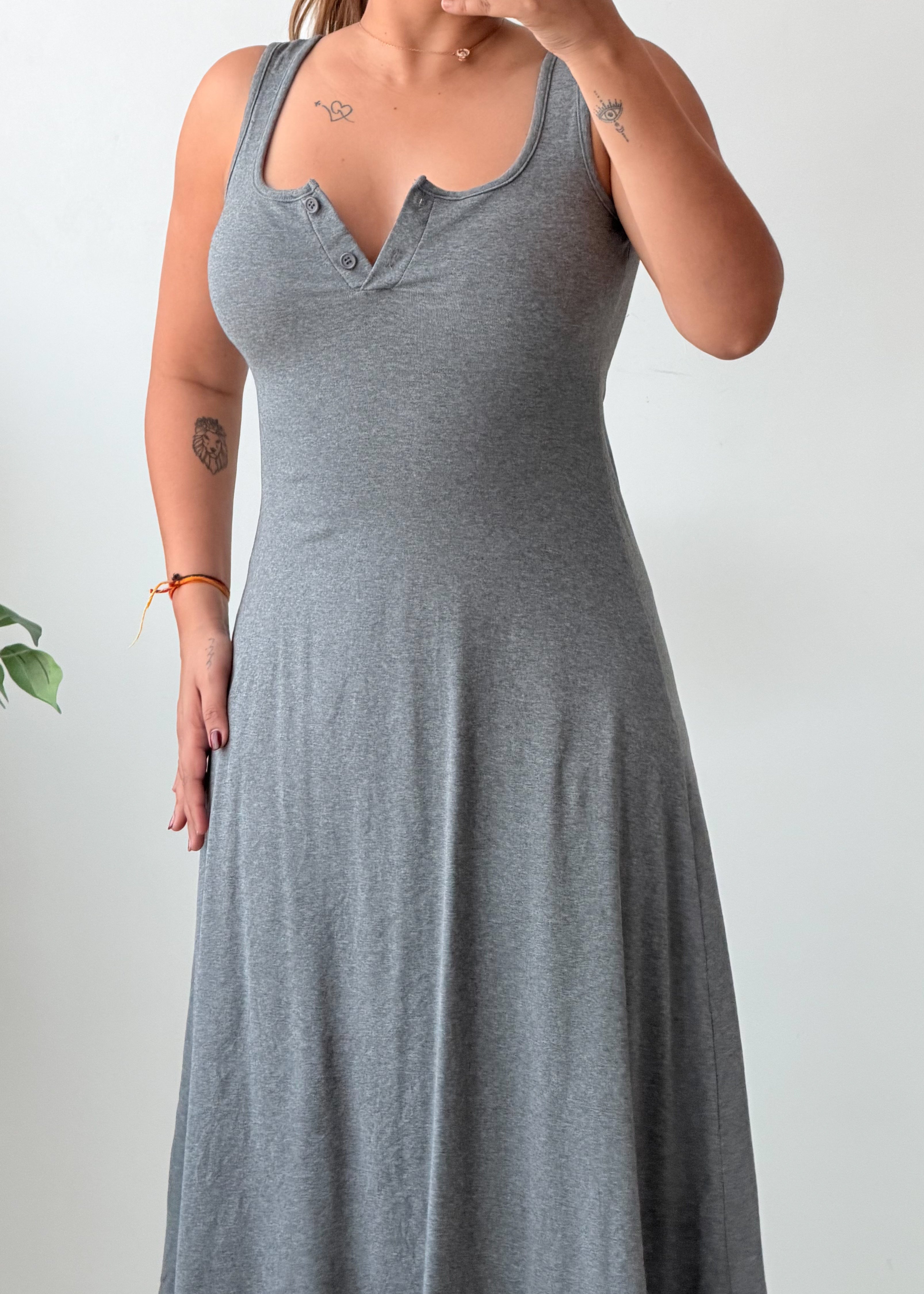 Size S-M Grey Button Front Flared padded Midi Dress