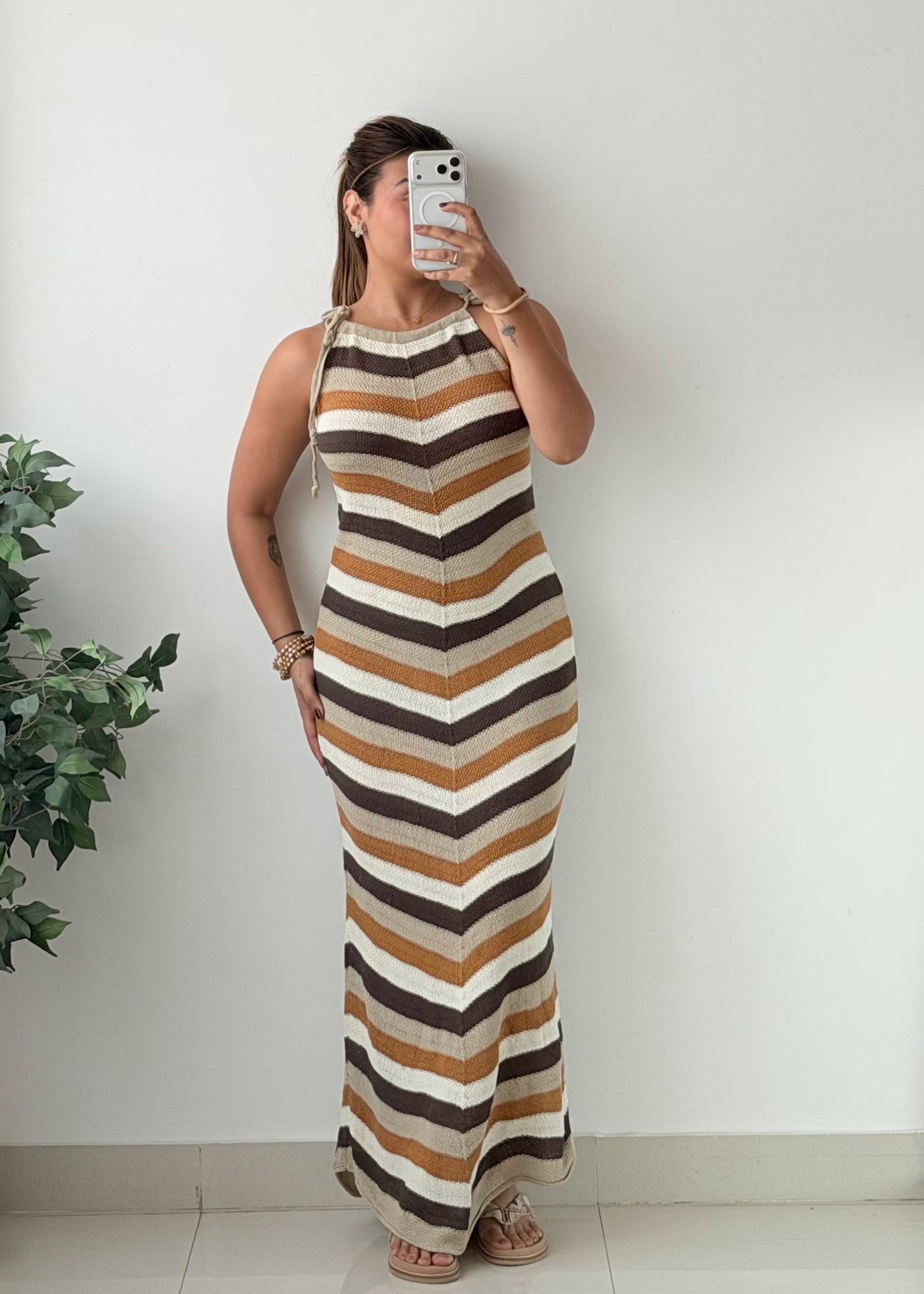 Size M-L Multicolor Striped Crochet Maxi Dress