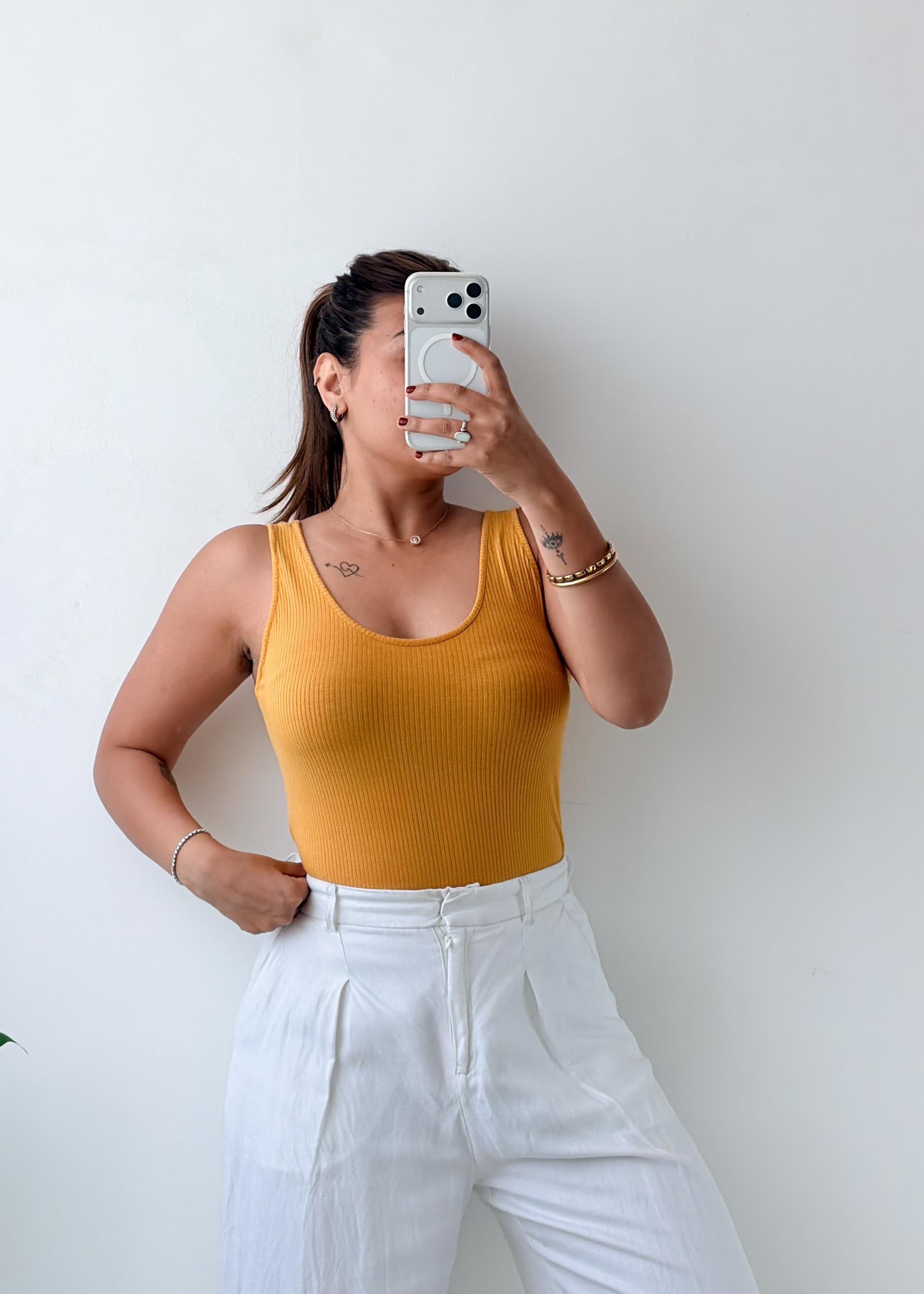 Size M-L Mustard Ribbed Scoop Neck Bodysuit