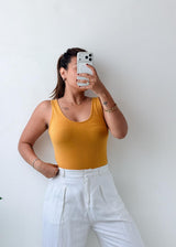 Size M-L Mustard Ribbed Scoop Neck Bodysuit