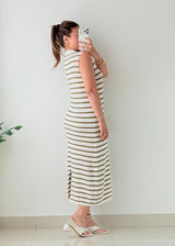 Size M-L Olive White Striped Midi Dress