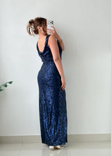 Size M-L Navy Blue Sequin Slit Maxi Dress