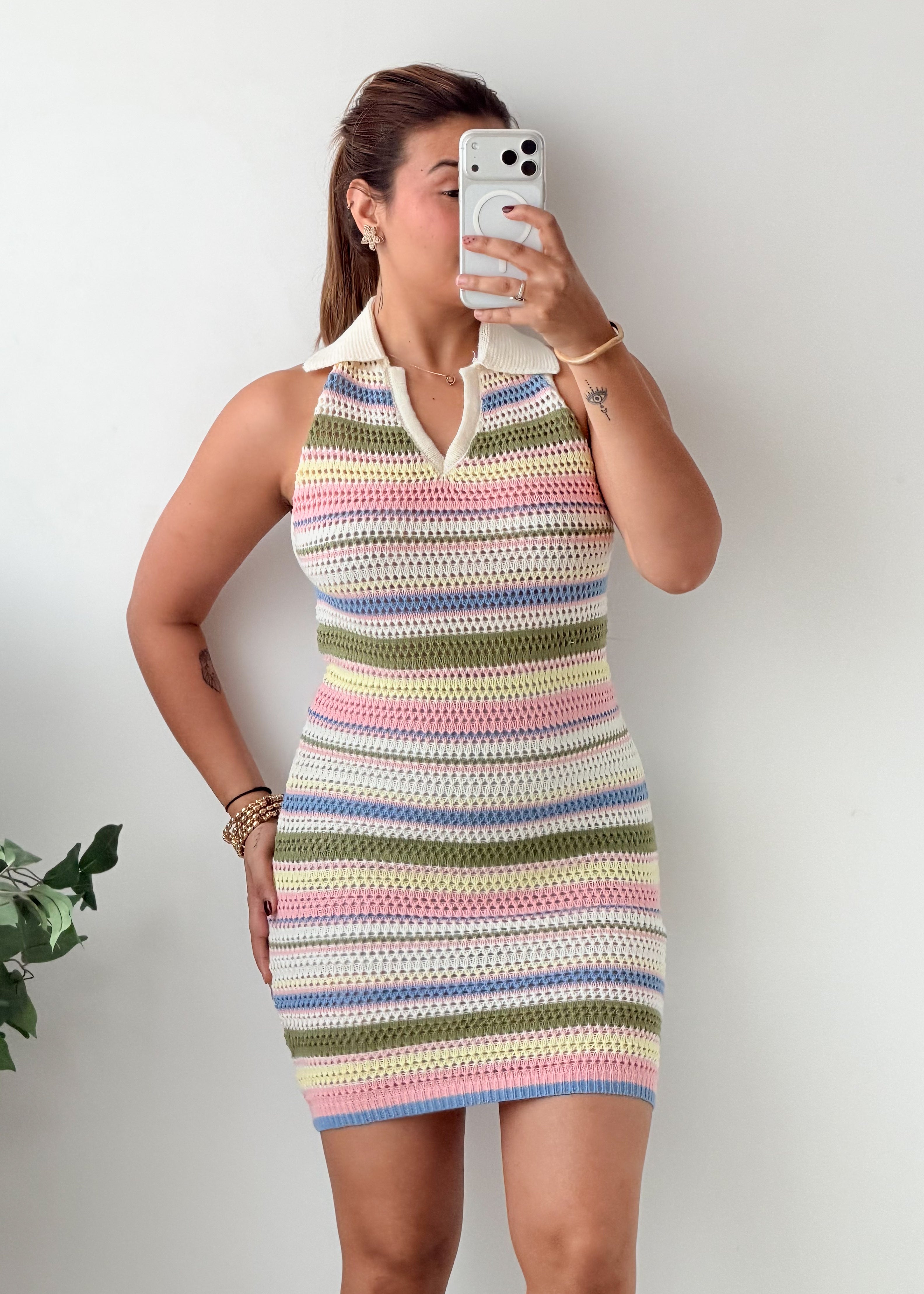 Size M-L Pastel Multicolor Striped Crochet Mini Dress