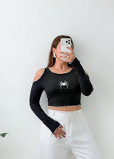 Size S-M Black Spider Graphic Cold Shoulder Top