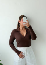 Size M-L Brown Ribbed Polo Top