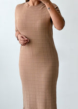 Size M-L Beige Checked Bodycon Midi Dress