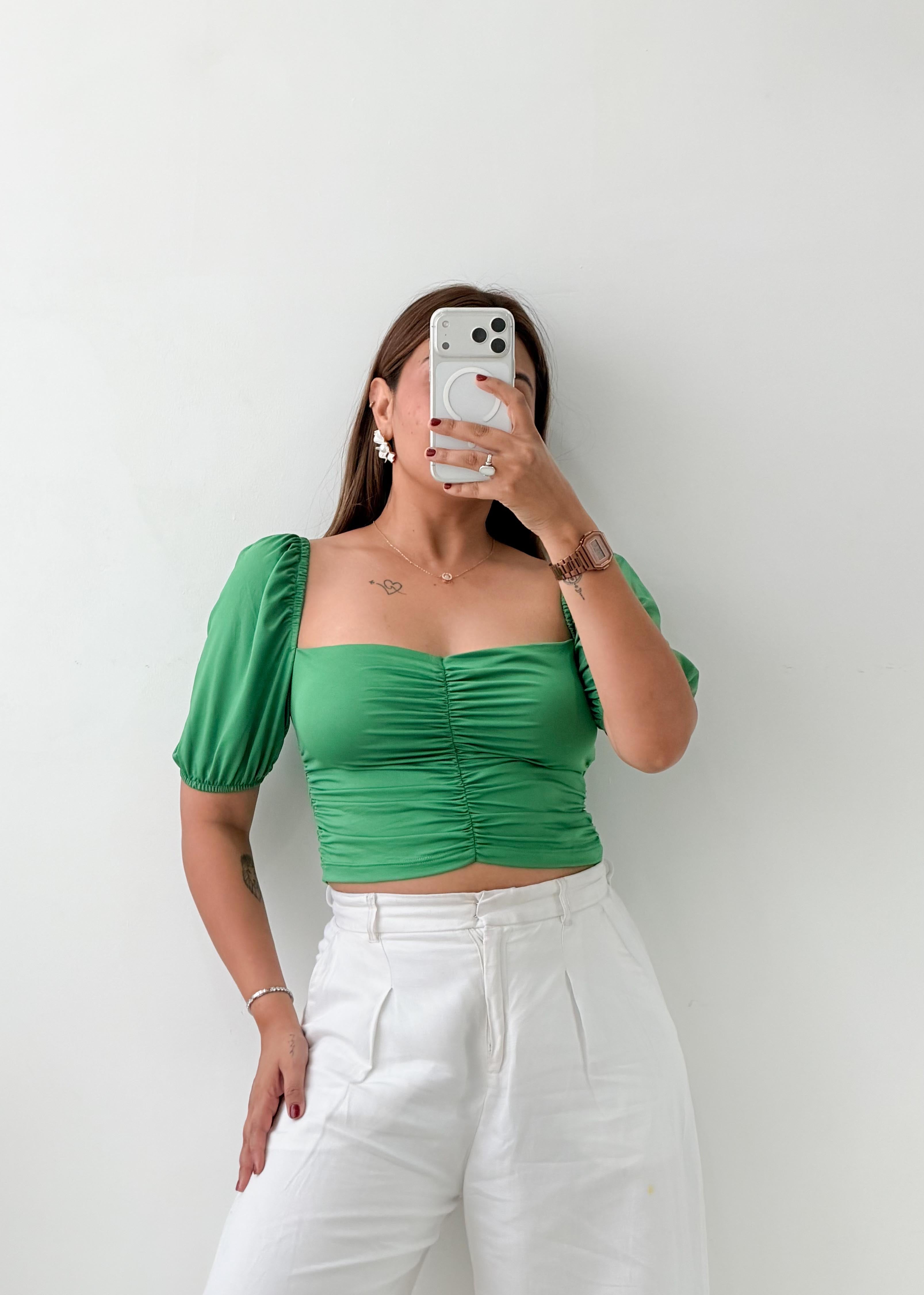 Size S-M Green Ruched Puff Sleeve Crop Top