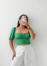 Size S-M Green Ruched Puff Sleeve Crop Top
