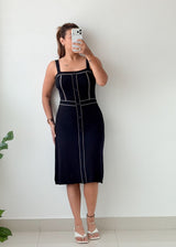 Size S-M Black Contrast Piping Midi Dress
