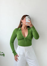 Size XS-S Green Button-Front V-Neck Bodysuit