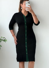 Size M-L Black Green Trim Button Front Bodycon Midi Dress