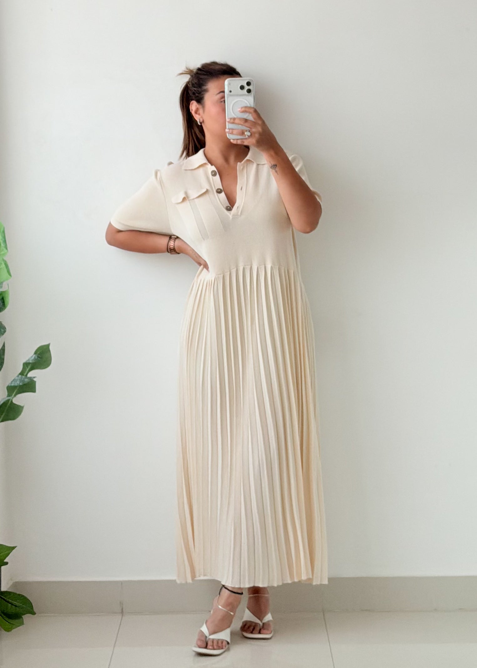 Size L-XL Ivory Pleated Polo Maxi Dress