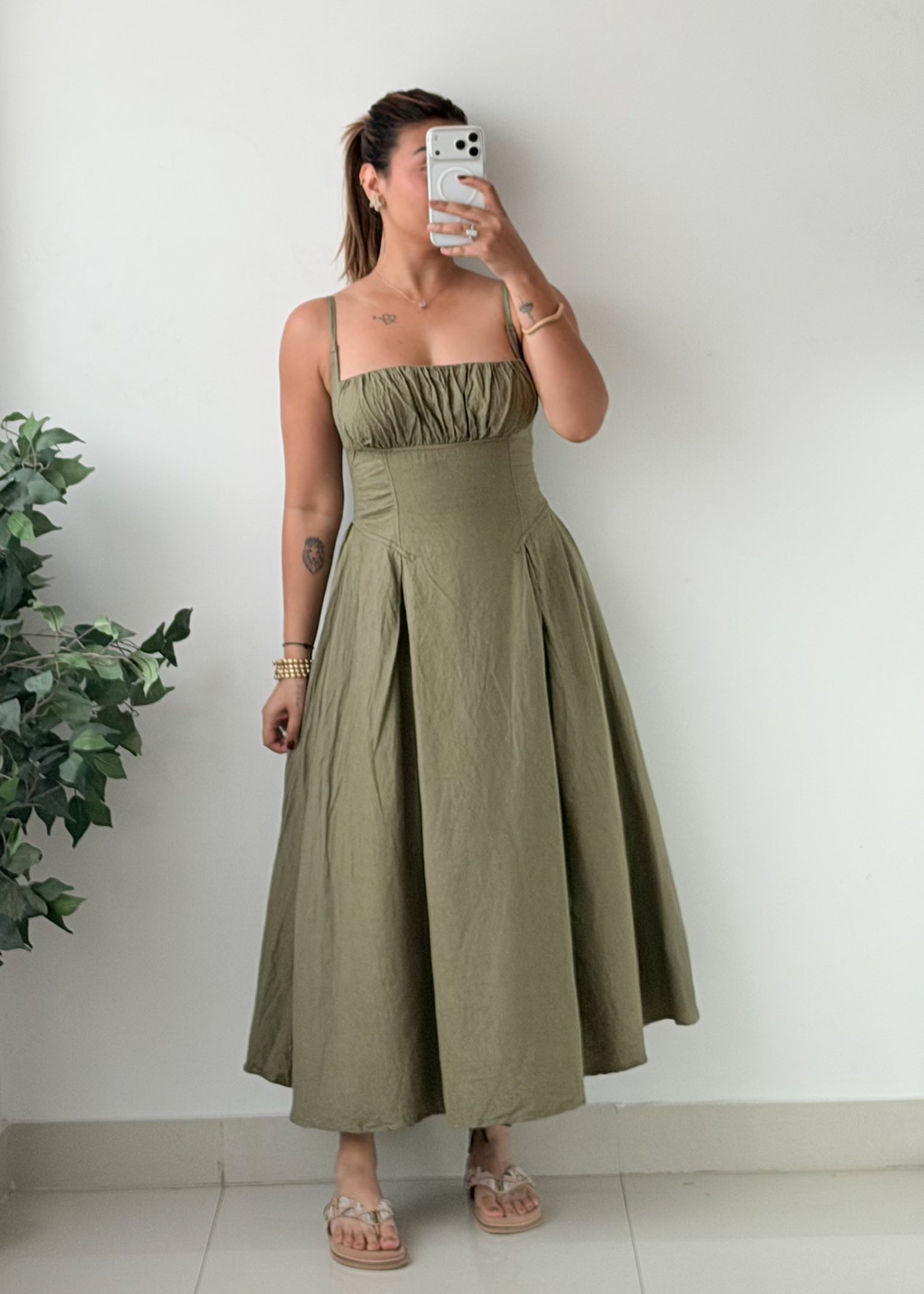 Size S-M Olive Green Pleated Maxi Dress