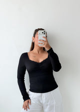 Size M-L Black Ruched Square Neck Top