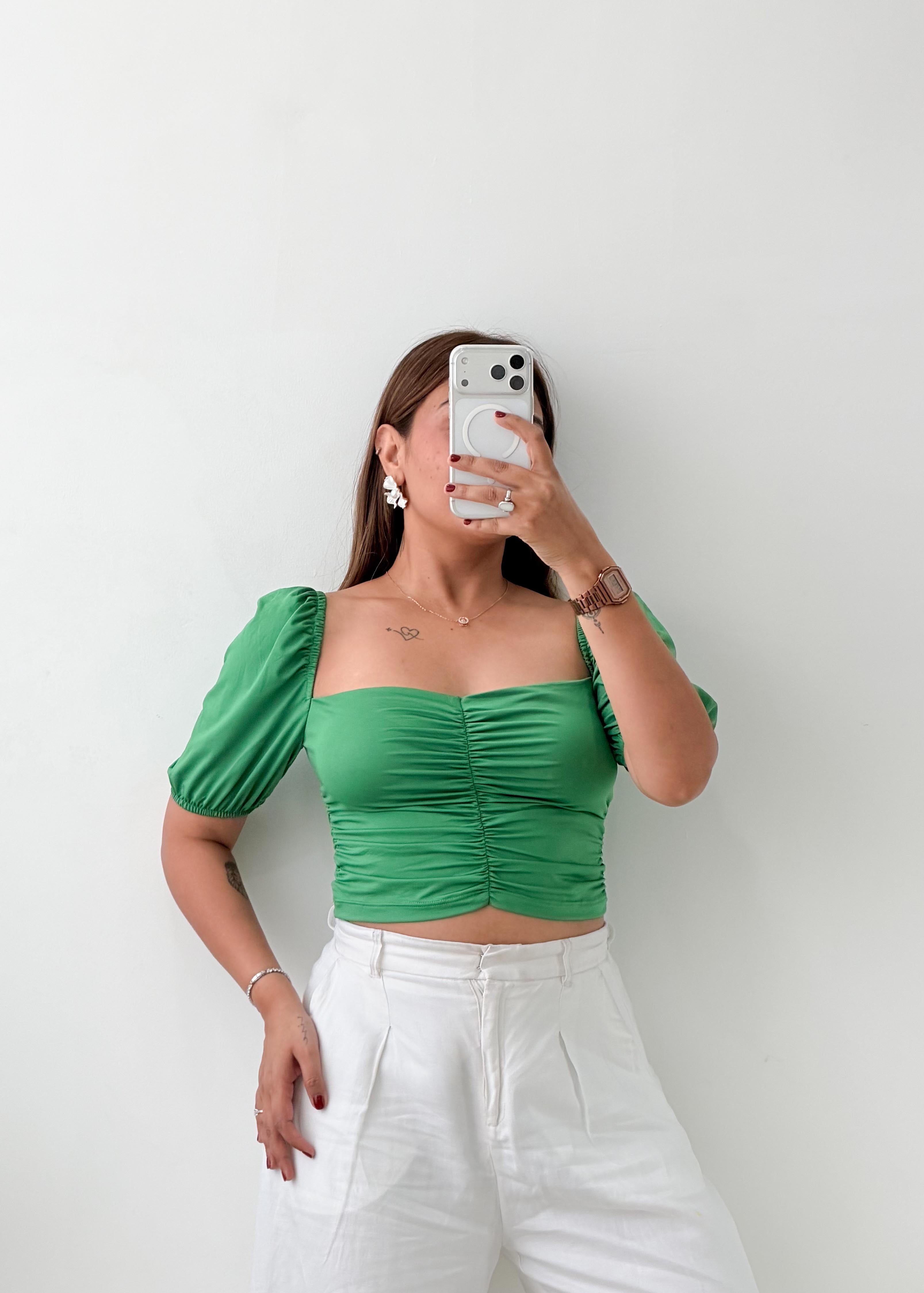 Size S-M Green Ruched Puff Sleeve Crop Top