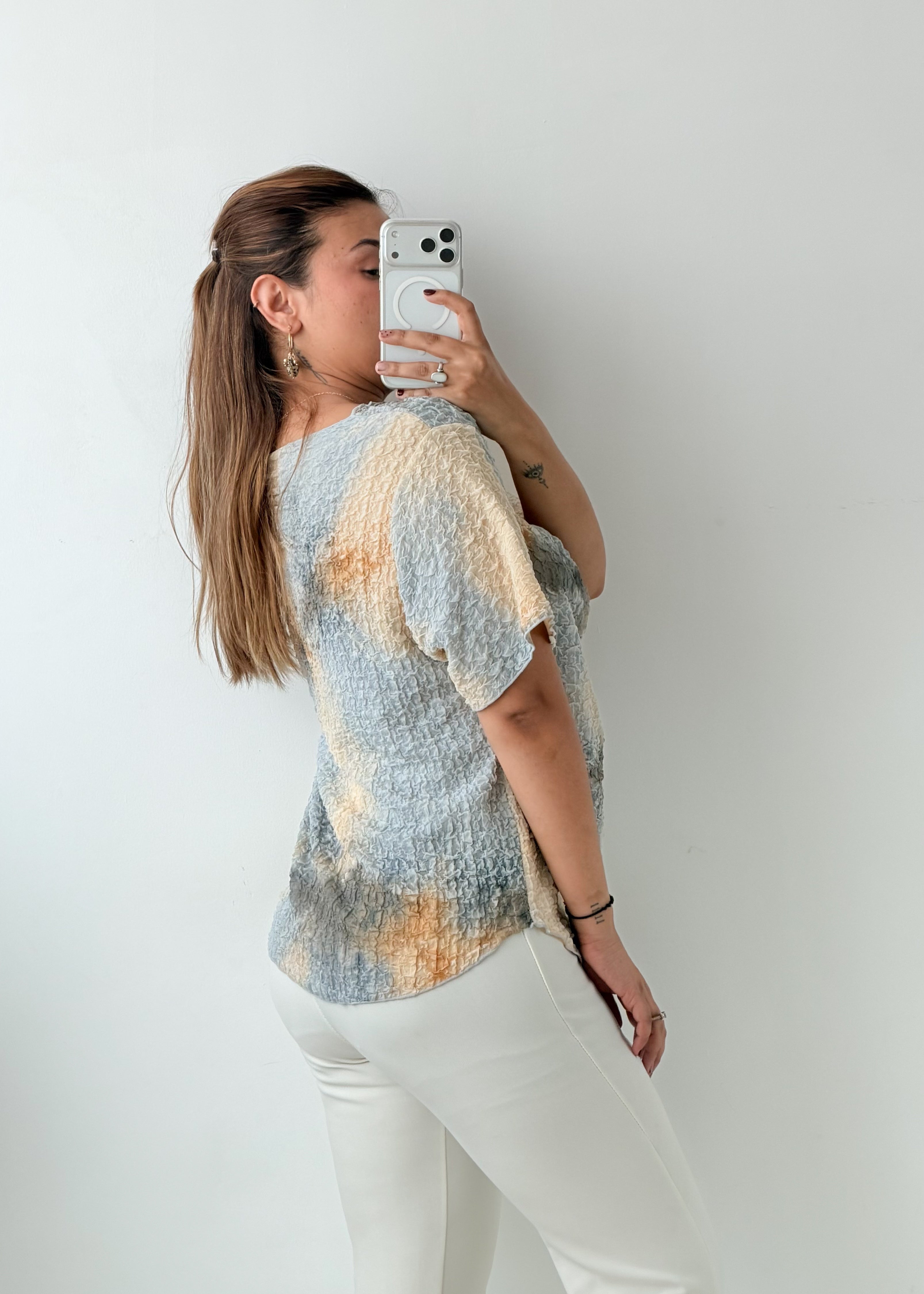 Size L-XXL Blue Cream Textured Cutout Top