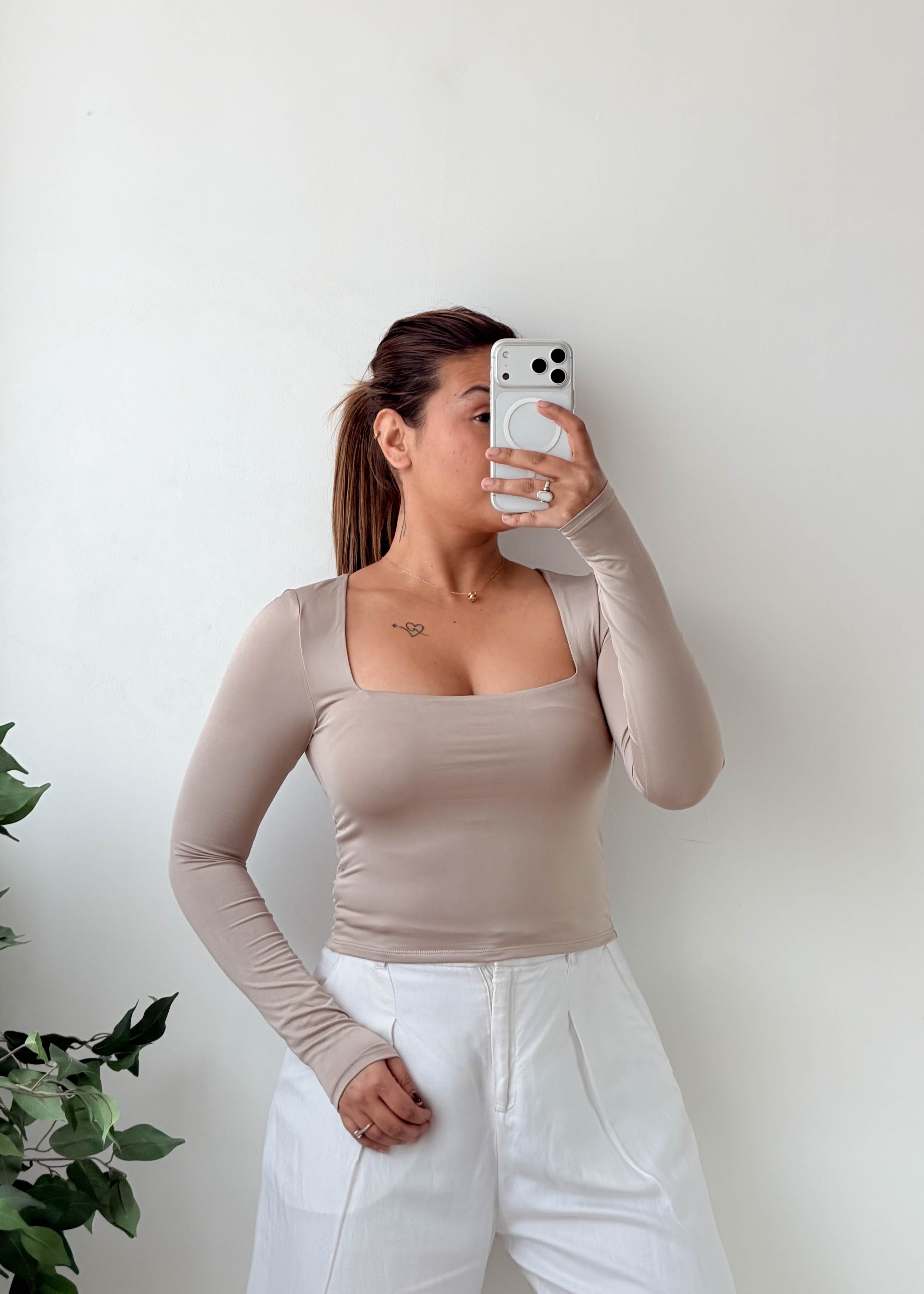 Size S-M Taupe Square Neck Fitted Top