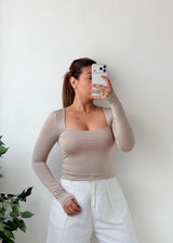 Size S-M Taupe Square Neck Fitted Top